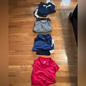 4 men’s short sleeve golf / polo shirts button up at neck with collar.